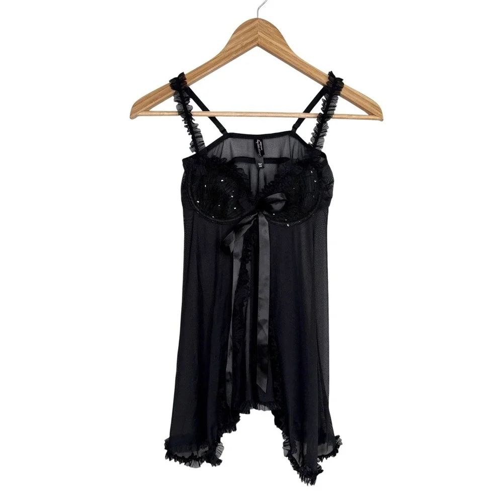 Victoria Secret Babydoll Lingerie 34B Black Sexy Little Thing Y2K Ruffle Bow